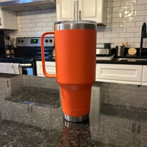 Yeti Orange Insulated Rambler Tumbler with Handle and Clear Lid